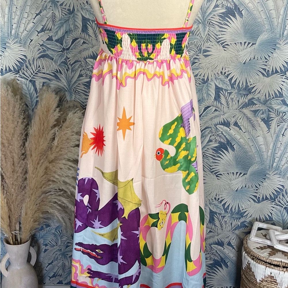 Abstract Midi Length Comfortable Sundress with Adjustable Straps and Pockets - Picture 7 of 8